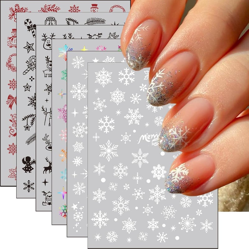 winthrop 6 Sheets Christmas Nail Stickers – Black Red Reindeer Snowflake Bow 3D Self-Adhesive Nail Art Decals for Women Girls Winter Holiday Manicure Decorations - Image 1